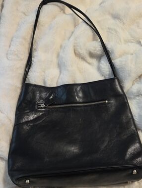 Monsac Black Leather Shoulder Bag with Front Zip